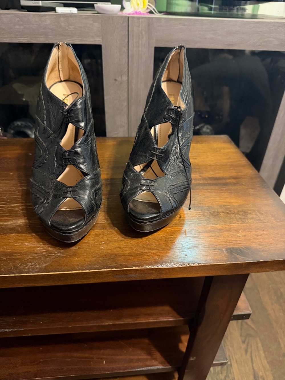 Women’s Black Cutout Lace-Up Peep-Toe Heels